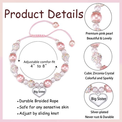 Jeka Big Sister Bracelets for Girls, Pink Pearl Heart Charm Bracelets Back to School Jewelry Valentines Day Gifts for Big Sister From Mom Dad
