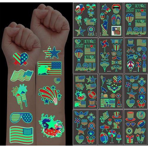 Luminous 4th of July Temporary Tattoos, 90Pcs Fourth of July American National Flag Red White Blue Decor, USA Party Favors, Memorial Day, Independence Day,Labor Day Decorations Glow Party Supplies
