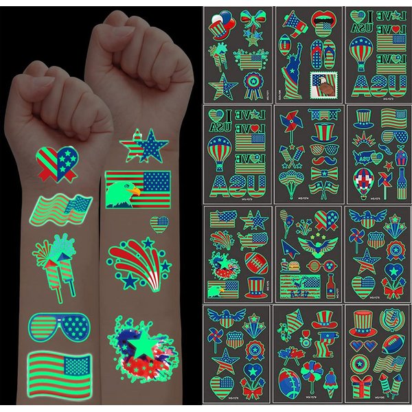 Luminous 4th of July Temporary Tattoos, 90Pcs Fourth of July American National Flag Red White Blue Decor, USA Party Favors, Memorial Day, Independence Day,Labor Day Decorations Glow Party Supplies