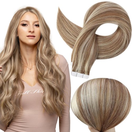 Full Shine Tape in Hair Extensions 14 Inch Skin Weft Tape Hair Extensions Real Human Hair 10 Golden Brown Highlighted 613 Bleach Blonde Tape in Extensions Straight Soft Hair 50 Gram 20 Pcs
