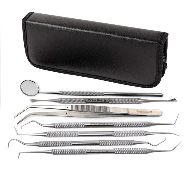 7 Pcs Oral Hygiene Kit Plaque Remover Professional Dental Picks for Teeth, Scraper, Serrated Tweezers, Mouth Mirror, Double Ended Picks for Gum Care Cleaning Set - Stainless Steel with Carrying Case