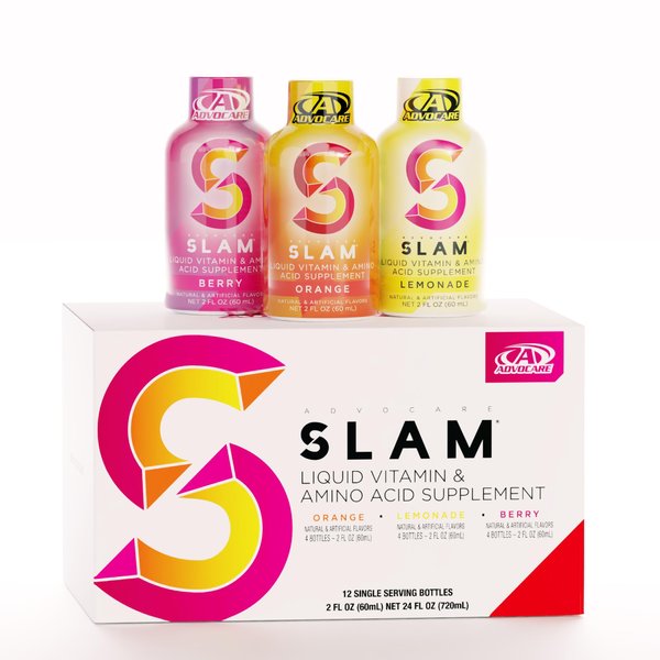 AdvoCare Slam Variety Pack - Liquid Vitamin & Amino Acid Supplement - Contains Vitamin B-12, Vitamin B-6, Folic Acid & More - Orange, Berry & Lemonade - 12 Bottles