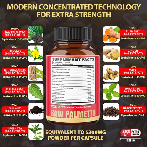 2 Packs 60 Counts 4 Months - Saw Palmetto Capsules 5300 mg - 11in1 with Ashwagandha, Turmeric, Tribulus, Maca, Green Tea, Holy Basil & More - Extract for Prostate, Skin & Immune Support