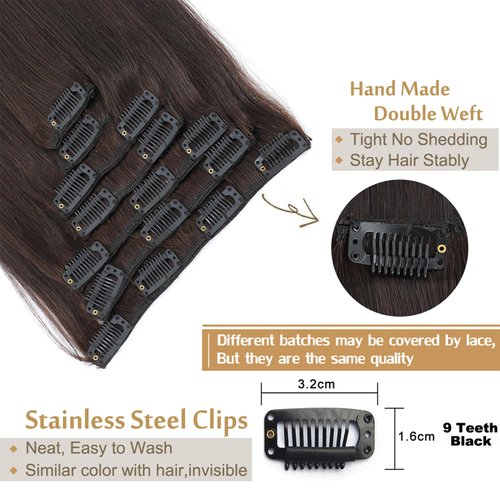 BUGUQI Clip In Hair Extensions Real Human Hair For Women 16 Inches 7 pcs 120g Darkest Brown Color Real Hair Extensions Straight Clip In Human Hair INS (16 Inch, Darkest Brown Color)