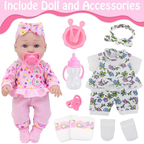 12 Inch Baby Doll with Clothes and Accessories,16 Pcs Reborn Alive Baby Doll Playset Sets include 12 Inch Doll,2 Sets of Doll Clothes,Headband,Soft Doll Socks,Tableware ,Feeding Bottle, Diapers,Nipple