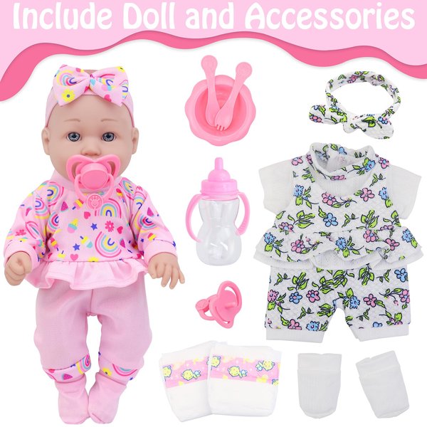12 Inch Baby Doll with Clothes and Accessories,16 Pcs Reborn Alive Baby Doll Playset Sets include 12 Inch Doll,2 Sets of Doll Clothes,Headband,Soft Doll Socks,Tableware ,Feeding Bottle, Diapers,Nipple