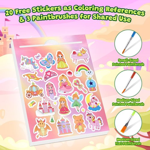 NYPEN Paint with Water Books for Kids with Stickers, Watercolor Painting Books Kit for Toddlers Ages 2 3 4 5 6 7, Water Color Paint Set Art Craft Gift for Drawing with 3 Brushes (Princess)