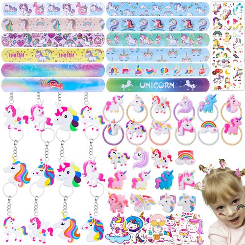 133Pcs Unicorn party favors, Unicorn Theme Birthday party decoration party favors Pack with Unicorn bracelet, unicorn hair rings, Key chains,Tattoos for Unicorn goodies bag Fillers Pinata Filler