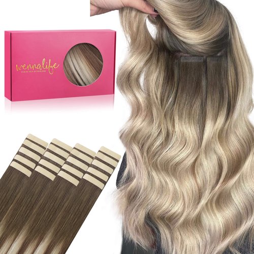 WENNALIFE Tape in Hair Extensions Human Hair, 20pcs 50g 18 inch Sandy Brown to Platinum Blonde Remy Hair Extensions Straight Human Hair Tape in Extensions Skin Weft Tape Extensions Human Hair