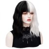 Black White Wig with Bangs Short Curly Wavy Bob Wigs Synthetic Cosplay Costume Halloween Party Wigs for Women