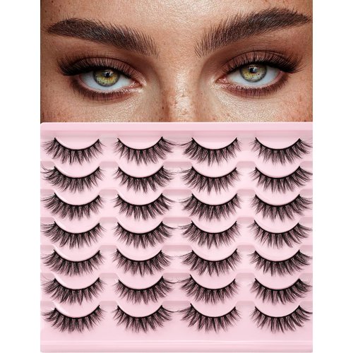 False Lashes Natural Look Eyelashes - 14 Pairs 14mm Faux 3D Mink False Eyelashes Natural Looking Fluffy Cat Eye Wispy Strip Lashes Pack by EMEDA (ZH01）