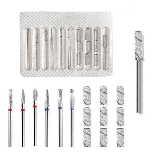 10 Piece Nail Drill Bits Set- 10 Pcs Mini Sanding Bands 240# for Nail Drill with 3.1mm Mandrel Bit Includes 6 Cuticle Bit (3/32 Inch), Professional Rotary Burrs Diamond Cuticle Remover Bits