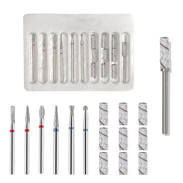 10 Piece Nail Drill Bits Set- 10 Pcs Mini Sanding Bands 240# for Nail Drill with 3.1mm Mandrel Bit Includes 6 Cuticle Bit (3/32 Inch), Professional Rotary Burrs Diamond Cuticle Remover Bits