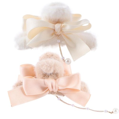 Pokinge 4pcs Cute Girls Accessories bow pearl tassel hair claw Plush Hair Claw wild plush big catch clip Lucky Cat Head Rope Elastic Rubber Bands Hair Rope
