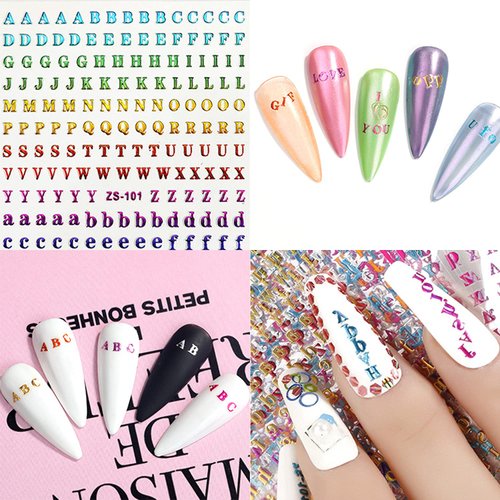 Letter Nail Art Stickers Small Letter Nail Decals Nail Art Supplies 3D Alphabet Nail Stickers Designs Holographic English Font Letters Nail Sticker for Women Girls Nail Art Decoration (8 Sheets)