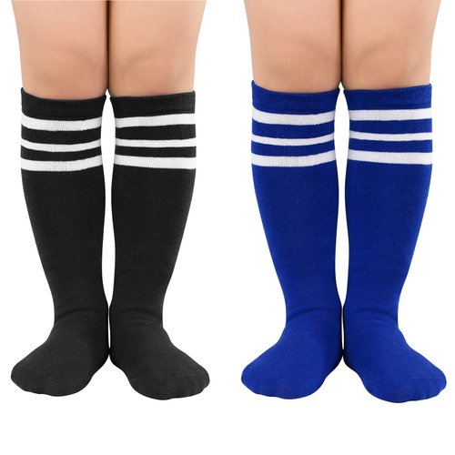 Durio Kids Soccer Socks Soft Toddler Girls Soccer Socks Cozy Cotton Boys Soccer Socks Cute Girls Knee High Socks Blue/Black with White Stripes