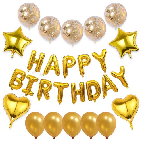 WEIKA 27 Pcs Gold Birthday Decorations, 3D Foil Gold Happy Birthday Balloon Banner, Pentagram Heart Foil Balloons Confetti Balloons Kit For Boys Girls Birthday Party Supplies