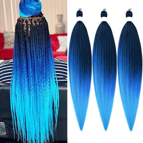 Braiding Hair Pre Stretched for Women Hair Extensions Box Braids Soft Synthetic Knotless Yaki Texture Hot Water Setting Braid Blue Ombre (24inch 3Packs)