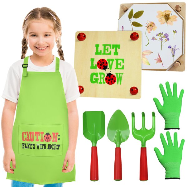 Litti City Gardening Pretend Play Set & Flower Press Kit - Kids Gardening Set with Apron, Pair of Gloves, 3 Gardening Tools, Wooden Flower & Leaf Press - Safe Outdoor Gardening Tools for Kids & Teens