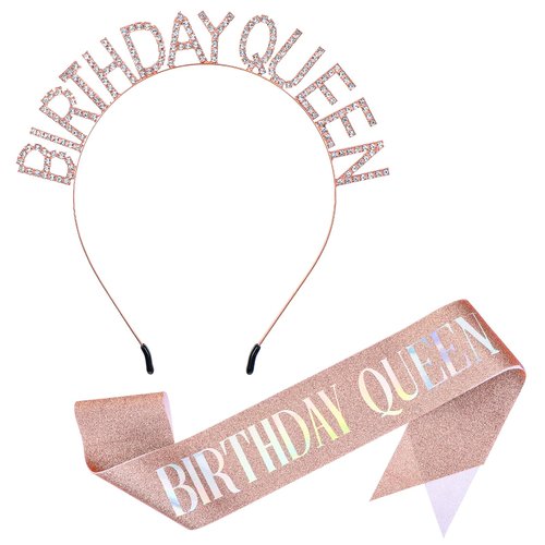 oruola Birthday Sash and Crown,Birthday Queen Sash and Crown,63In Glitter Rose Gold Birthday Sash for Women and Crown Rhinestone Headband Set,Happy Birthday Tiara Sash Queen Girl Accessories