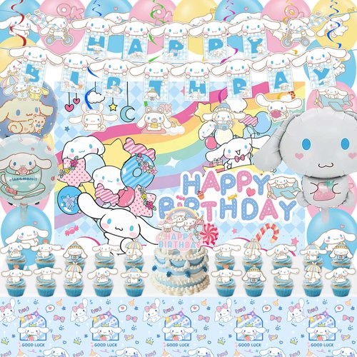 kawaii Birthday Party Decorations, kawaii Party Supplies Include Banner, Backdrop, latex Balloons, Hanging Swirls, Foil Balloon, Cake Cupcake Toppers, Tablecloth