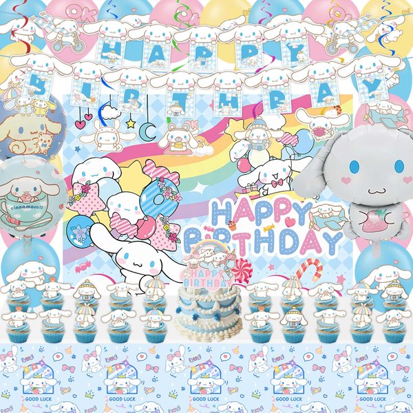 kawaii Birthday Party Decorations, kawaii Party Supplies Include Banner, Backdrop, latex Balloons, Hanging Swirls, Foil Balloon, Cake Cupcake Toppers, Tablecloth
