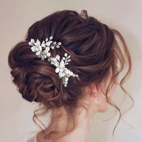 Heread Flower Bride Wedding Hair Pins Silver Pearl Bridal Hair Pieces Leaf Hair Accessories for Women and Girls (Pack of 2)
