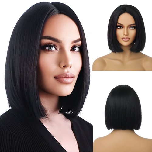 WTHCOS Black Bob Wigs Short Straight Black Hair Wig for Women Side Part Cosplay Wig Heat Resistant Natural Looking Synthetic Wigs with Wig Cap