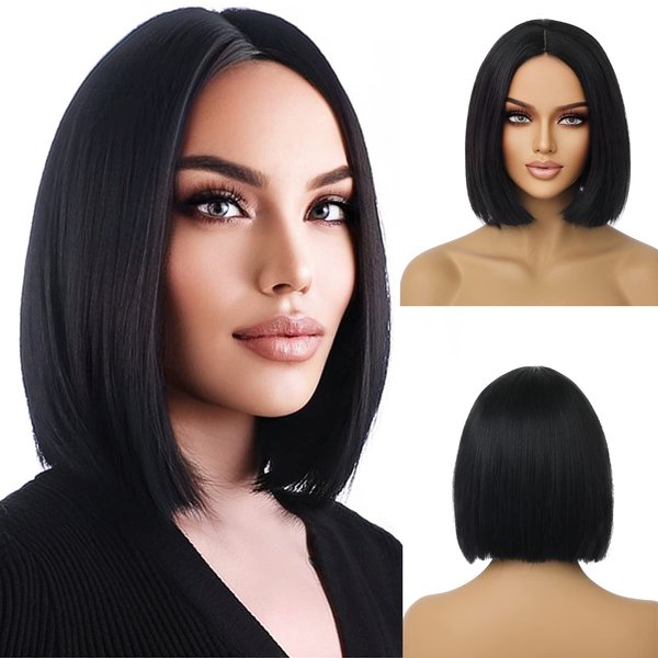 WTHCOS Black Bob Wigs Short Straight Black Hair Wig for Women Side Part Cosplay Wig Heat Resistant Natural Looking Synthetic Wigs with Wig Cap