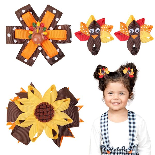 Thanksgiving Day Hair Bow Clips, Fall Orange Pumpkin Turkey Grosgrain Ribbon Alligator Bow, Kids Girls Women Hair Accessories For Party Supplies