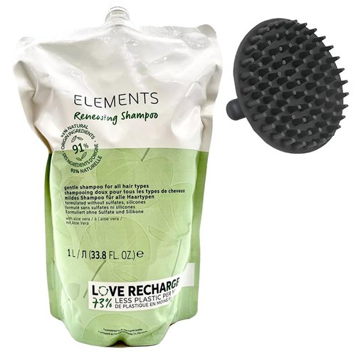 Elements Renewing Shampoo 1 Liter Pouch and M Hair Designs Silicone Scalp Brush (Bundle)