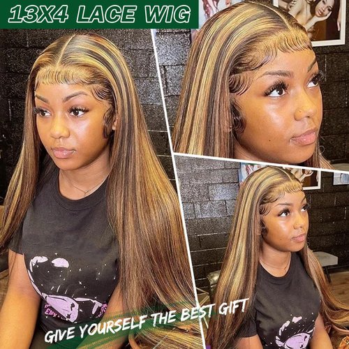 LEOSA Highlighted 13x4 HD Transparent Lace Front Wigs Straight Honey Blonde Pre Plucked Lace Front Wig for Black Women Blonde Highlight Frontal Wig 4H27 Natural Looking Long Haired Wig
