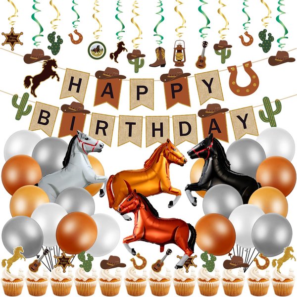 60PCS Cowboy Birthday Party Decoration Include 40 Inch Horse Shaped Foil Balloons Cowboy Happy Birthday Banner Cake Topper Hanging Swirls 12 Inch Latex Balloons for Western Party(Retro Style)