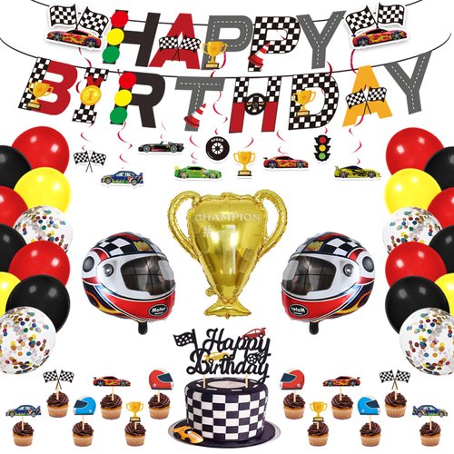 Race Car Birthday Party Supplies Race Car Party Decorations with Race Car Happy Birthday Banner Cake Topper Cupcake Toppers Balloons Hanging Swirls for Boys Let's go Racing Party Supplies