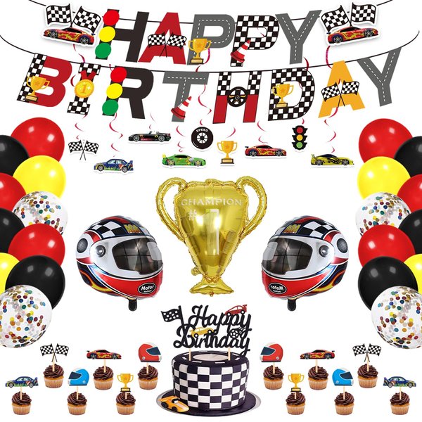 Race Car Birthday Party Supplies Race Car Party Decorations with Race Car Happy Birthday Banner Cake Topper Cupcake Toppers Balloons Hanging Swirls for Boys Let's go Racing Party Supplies