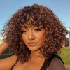 JOEDIR HAIR Short Curly Wig with Bangs Human Hair for Women Ombre Brown 10 inch Short Water Wave Curly Bob Wig Glueless Wig 150% Density (Color: TT1B/33)