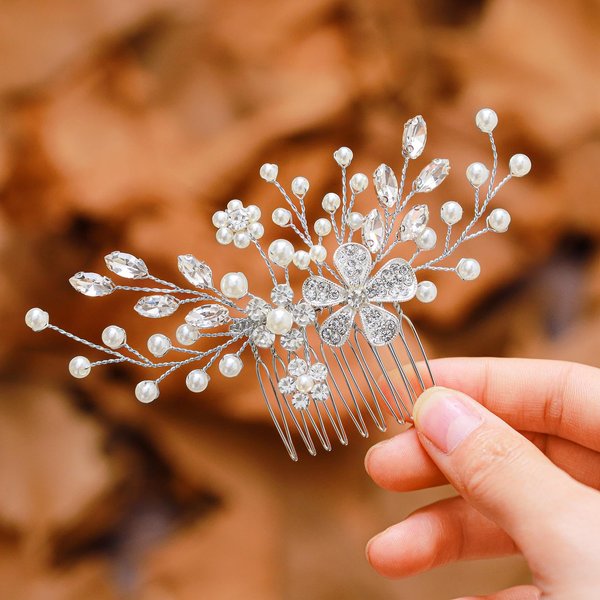 Generic Bridal Wedding Hair Comb for Women Rhinestone Preal Flower Leaves Silver Vine Hairpiece Elegant Handmade Gift for Women Girls