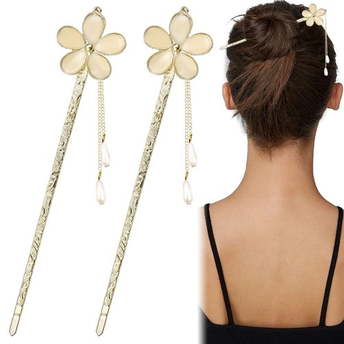 2 PACK Metal Hair Stick, Flower Pearl Vintage Hairpin Hair Pins Forks Retro Chinese Chopsticks Bun Updo Holders Accessories for Women Girls