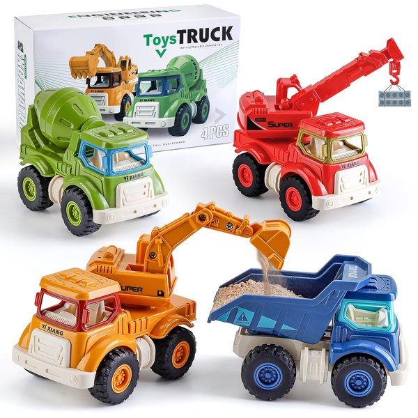 SEPHIX Construction Toys for 2 3 4 5 Years Old Boys Girls Kids, Sandbox Excavator Toys, Colorful 4 Pack Construction Crane Mixer Trucks Gifts for Toddlers Christmas Birthday New Year Easter