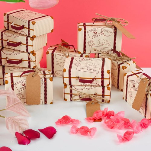 VGoodall 50pcs Mini Suitcase Favor Box Party Favor Candy Box, Vintage Kraft Paper with Tags and Burlap Twine for Wedding/Travel Themed Party/Bridal Shower Decoration