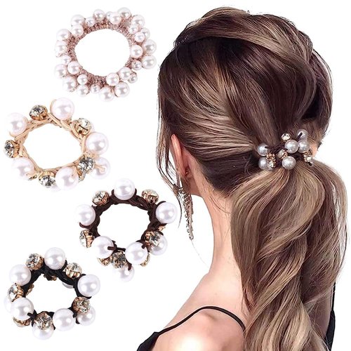 Pearl Rhinestone Hair Ties Elastic Hair Scrunchies Pearl Hair Ropes Stretchy Beaded Rubber Bands Ponytail Holder for Women Girls Accessories Set