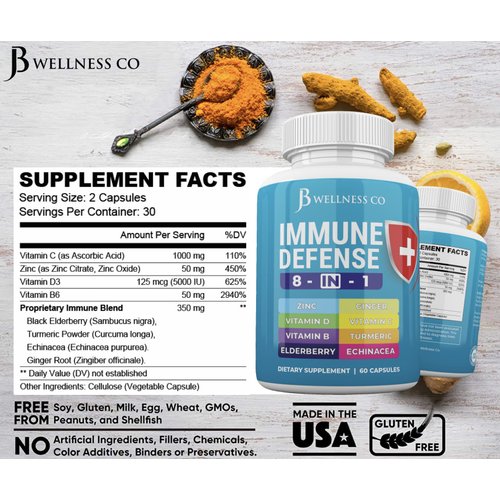 JB WELLNESS CO Immune Support 8 in 1 Capsules - Zinc Supplement, Vitamin D3 5000 IU, Vitamin C 1000MG and Elderberry - Immune Booster Ginger Root, and Turmeric - [2-Pack]