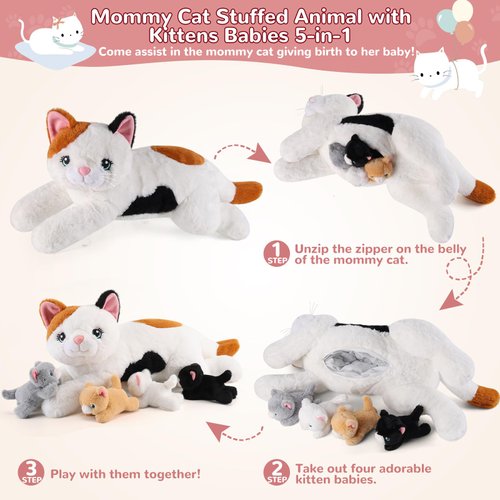 gnomantic 5 Pieces Cat Stuffed Animals with Babies Inside Belly - 1 Mommy Stuffed Cat with 4 Kittens - Stuffed Kitty Cat Plush Toys for Kids Age 3-8, Gifts Ideal for Christmas, Valentine's, Birthday