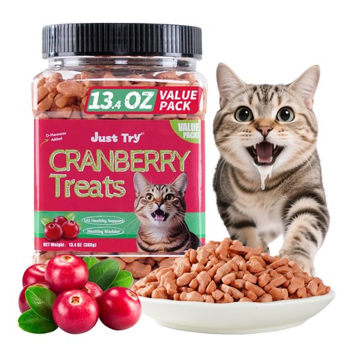 Just Try 13.4 OZ Urinary Tract Cat Treats for Indoor Cats Health Supplement Cranberry & D-Mannose for Kidney Bladder UT Support Salmon Flavor Crunchy Chews Cat Loves