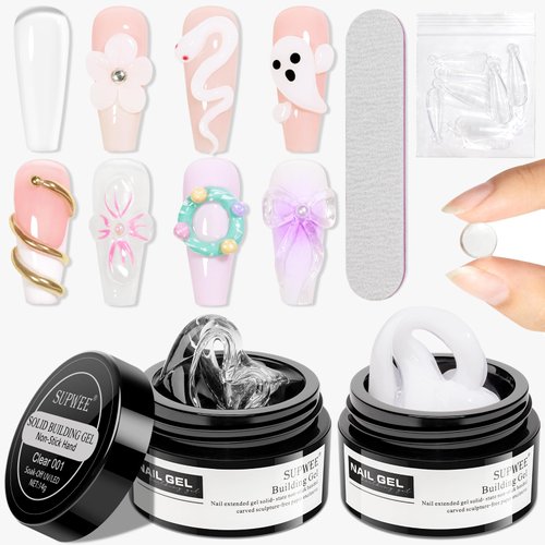 SUPWEE 3D Nail Art Gel Clear and White Solid Builder Gel for Nails Non-Stick Hand Sculpture Hard ...