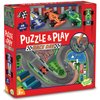 Peaceable Kingdom Puzzle & Play: Race Day - Floor Puzzle for Kids Ages 3 and Up - Includes 3 Wooden Vehicles to Zoom Around The Race Track Puzzle for a Double Dose of Fun - Measures 26” x 36”