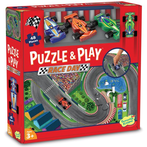 Peaceable Kingdom Puzzle & Play: Race Day - Floor Puzzle for Kids Ages 3 and Up - Includes 3 Wooden Vehicles to Zoom Around The Race Track Puzzle for a Double Dose of Fun - Measures 26” x 36”