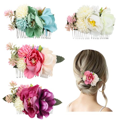 Lawie 4 Pack Artificial Flower Metal Hair Side Combs Slide Hair Clips With Teeth Floral Hair Bows Hairpins Grips Barrettes Clamps Headpieces for Women Girls