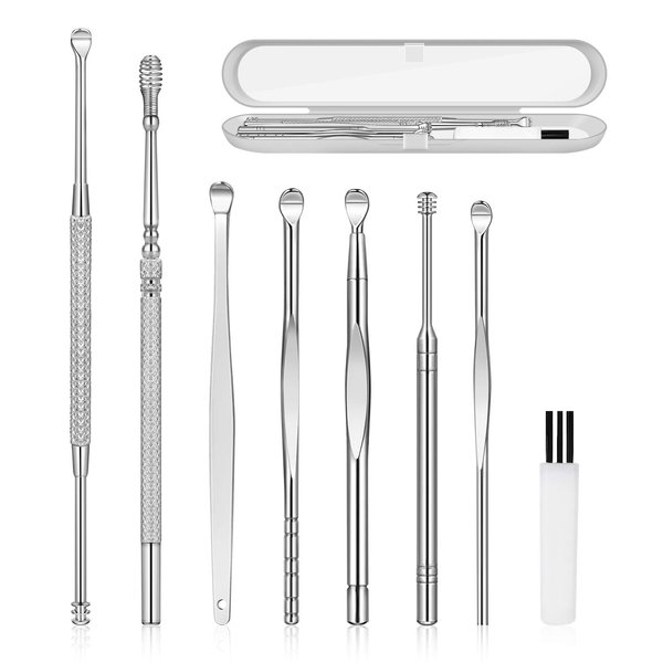 8Pcs Ear Pick Ear Wax Removal Kit, Earwax Removal Tool, Ear Cleansing Set, Ear Curette Ear Wax Remover Tools with a Cleaning Brush and Storage Box, Medical Grade, for Ear Adult and Kid, Silver