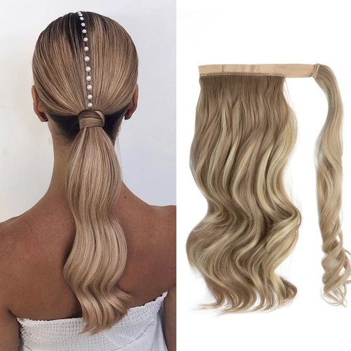 CJL HAIR 22" Ponytail Extension Long Dirty Blonde Pony Tail Wrap Around Clip in Hair Extensions Curly Wavy Synthetic High Resistant Fiber Fake Hairpiece for White Women